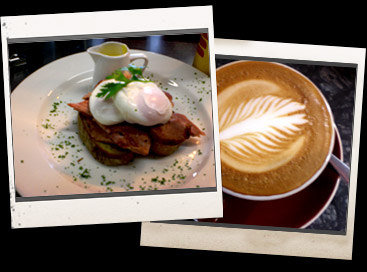 Ironic food: photo of breakfast and coffee. 